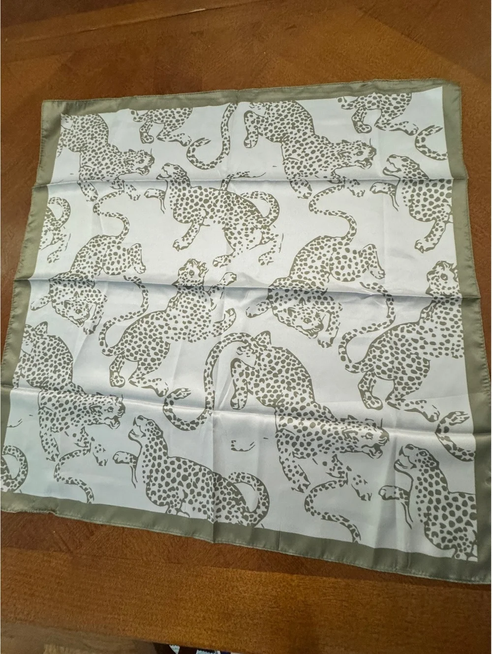Silky Leopard Print Square Scarf with Olive Green Border 272
